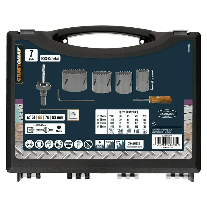 Craftomat Set de sierras de corona HSS Bi-Metall - 7 pzs. - Craftomat HSS-Bimetal juego de sierras de corona, 7 piezas, ideal para taladrar agujeros en madera, metal y plástico. Incluye un práctico estuche de almacenamiento.