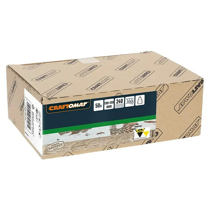 Craftomat Schleifblätter - Körnung: 240, Länge: 150 mm, 1 Stk. - Eine Packung Craftomat Schleifpapier mit 50 Stück, Körnung 240, ideal für Holzbearbeitung und Heimwerkerprojekte.