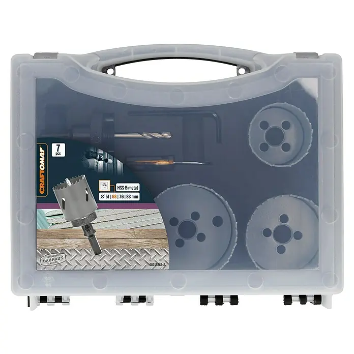 Craftomat Lochsägen-Set HSS Bi-Metall - 7 -tlg. - Ein Werkzeugkasten mit einem Craftomat HSS-Bimetall-Lochsägen-Set, bestehend aus sieben Teilen unterschiedlicher Größen.