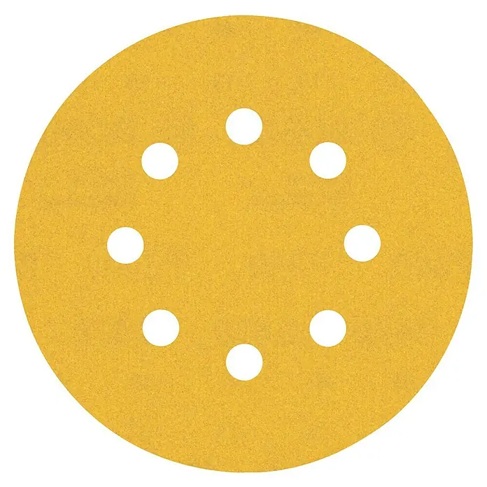 Craftomat Haftschleifscheiben - Körnung: 240, Durchmesser: 125 mm, 1 Stk. - Gelbes Schleifpapier mit acht Löchern. Ideal zum Schleifen von Holz oder Metall mit einem Exzenterschleifer.