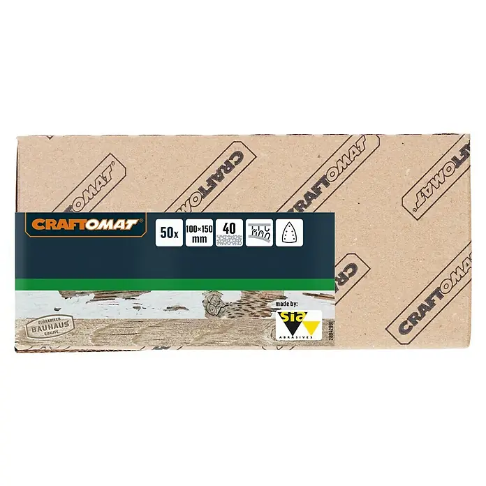 Craftomat Schleifblätter - Körnung: 40, Länge: 150 mm, 1 Stk. - Die Verpackung von CRAFTOMAT Schleifpapier, 50 Stück, Körnung 40, Größe 100x150 mm, garantiert Bauhaus Qualität für verschiedene Schleifarbeiten.