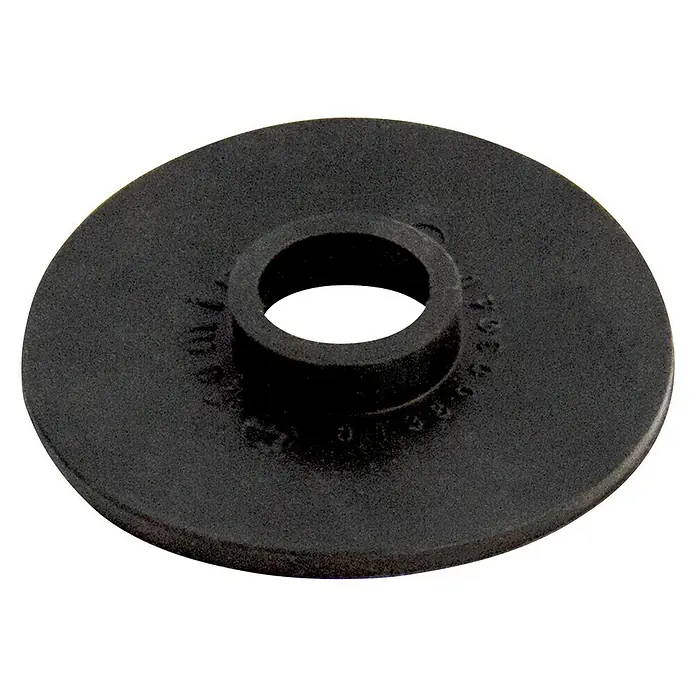 Junta de goma de obturación - An x Al: 68 x 4 mm, Diámetro interior: 18 mm - Fotografía de un tope de goma negro con un orificio central, utilizado para la amortiguación de vibraciones y como espaciador.