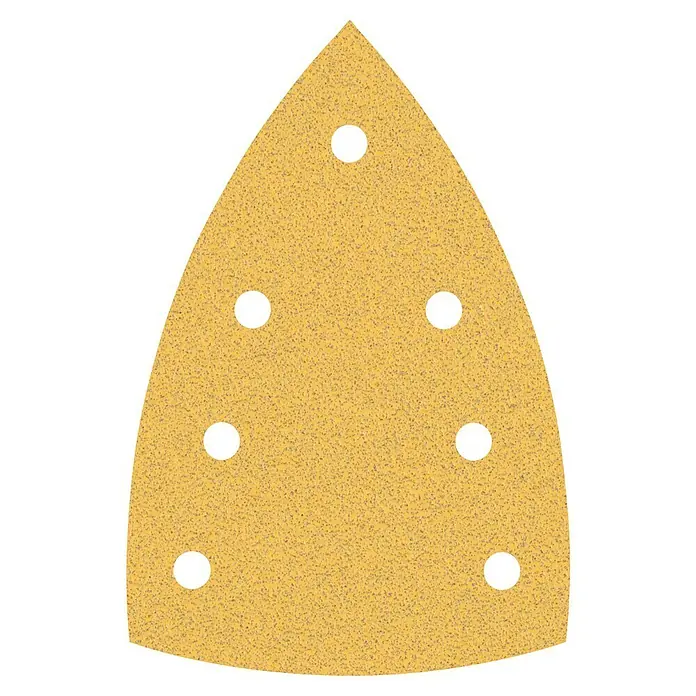 Craftomat SchleifblätterKörnung: 80, Länge: 150 mm, 1 Stk. - Schleifpapier in dreieckiger Form mit Löchern für eine optimale Staubabsaugung. Ideal für Deltaschleifer, um Oberflächen glatt zu schleifen.