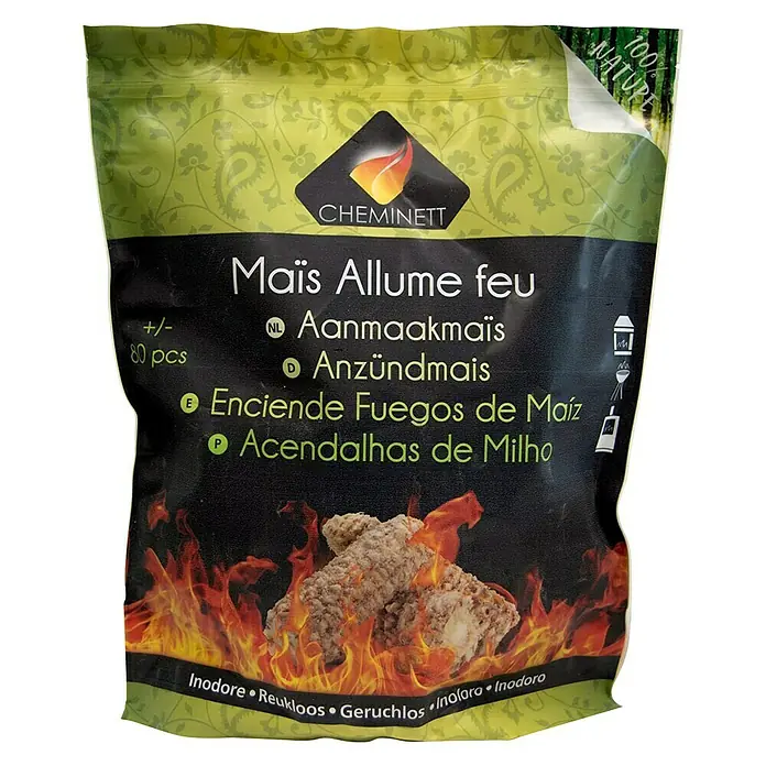 Encendedor mazorcas de maiz - 1 kg - Imagen de un paquete de encendido de fuego Maïs Allumefeu, ideal para encender chimeneas y barbacoas, con una fórmula natural.