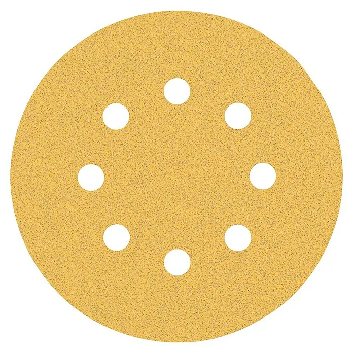 Craftomat Haftschleifscheiben - Körnung: 80, Durchmesser: 125 mm, 1 Stk. - Ein Schleifpapier für Exzenterschleifer mit Löchern zur Staubabsaugung. Das Schleifmittel hat eine gelblich-braune Farbe.
