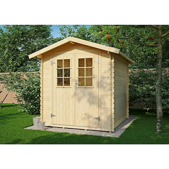 Kiehnholz Gartenhaus Mikka - Außenmaß inkl. Dachüberstand (B x T): 228 x 233 cm, Holz, Natur, Satteldach - Ein helles Holzgartenhaus mit Doppeltür und Fenstern im Garten. Ideal für die Gartenarbeit und zum Aufbewahren von Gartengeräten.