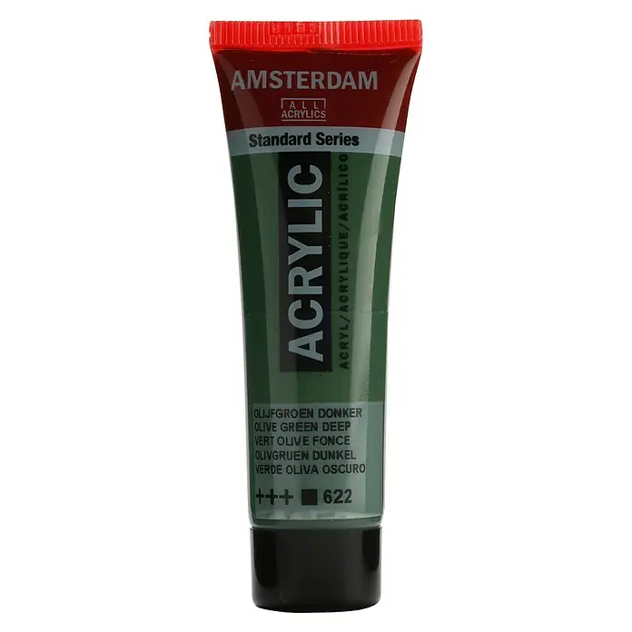 Talens Amsterdam Pintura acrílica Standard - Verde oliva oscuro, 20 ml, Tubo - Primer plano de un tubo de pintura acrílica Amsterdam Standard Series en verde oliva oscuro, ideal para artistas y aficionados.