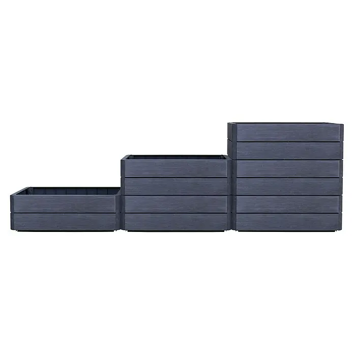 Garantia Hochbeet Ergo Vario 2 Wood - Set - 120 x 80 x 75 cm, Kunststoff, Anthrazit/Braun - Treppenförmiger Pflanzkasten in dunklem Holzdesign. Er ist ideal für kleine Gärten oder Balkone, um Pflanzen stilvoll zu präsentieren.