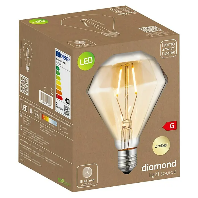 Home Sweet Home LED-Lampe Edison - E27, Nicht Dimmbar, Warmweiß, 160 lm, 2 W, Diamant - Bild einer Diamant-LED-Lampe von Besselink Licht, die ein warmes, bernsteinfarbenes Licht ausstrahlt und eine lange Lebensdauer hat.