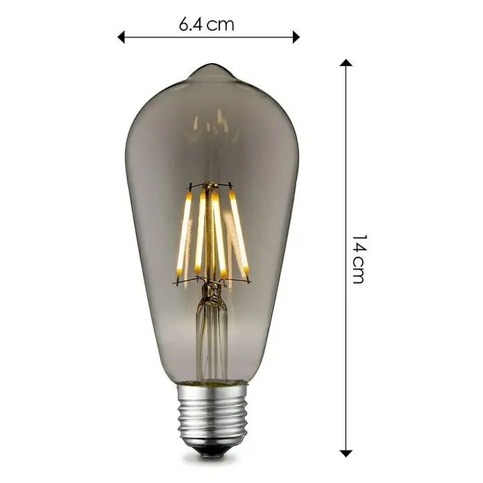 Home Sweet Home LED-Lampe Vintage Glühlampenform E27 - E27, Dimmbar, Warmweiß, 40 lm, 4 W - Abbildung einer Edison-Glühbirne mit Abmessungen. Die Glühbirne ist 14 cm hoch und 6,4 cm breit.
