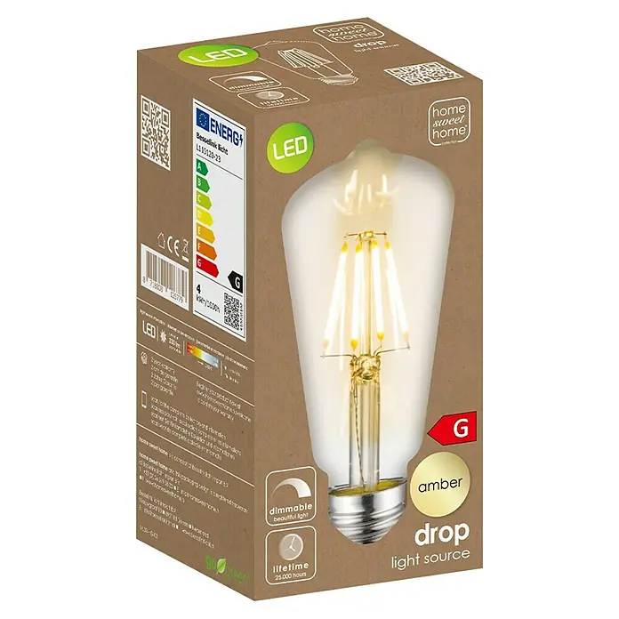 Home Sweet Home LED-Lampe Vintage Glühlampenform E27 - E27, Dimmbar, Warmweiß, 330 lm, 4 W - LED-Lampe "Drop Light Source" von Home Sweet Home mit Energieeffizienzklasse G und einer Lebensdauer von 25.000 Stunden.