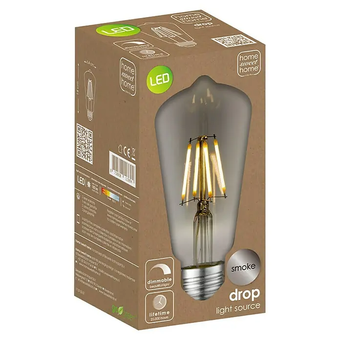 Home Sweet Home LED-Lampe Vintage Glühlampenform E27 - E27, Dimmbar, Warmweiß, 40 lm, 4 W - Nahaufnahme der "Home Sweet Home Drop" LED-Glühbirne, die warmes Licht ausstrahlt und eine gemütliche Atmosphäre schafft.