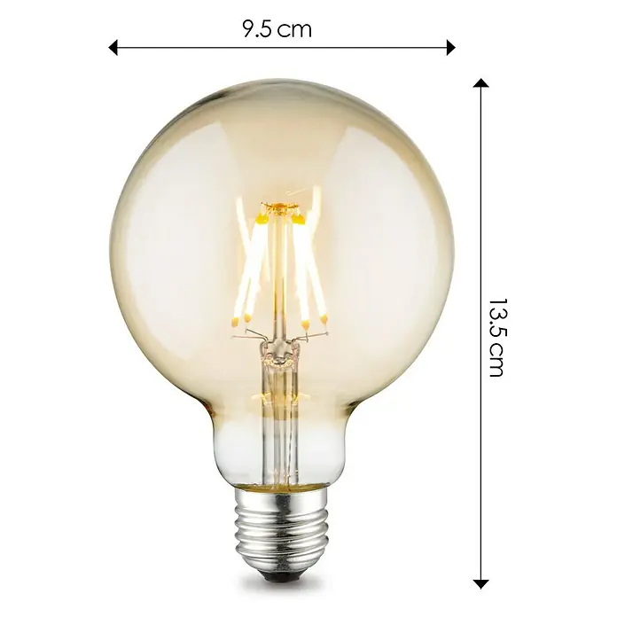 Home Sweet Home LED-Lampe Vintage Globe-Form E27 - E27, Dimmbar, Warmweiß, 330 lm, 4 W, Farbe: Gold - Die LED-Filamentlampe in Globusform sorgt mit ihrem warmen Licht für eine angenehme Atmosphäre. Ihre Maße betragen 9,5 cm in der Breite und 13,5 cm in der Höhe.