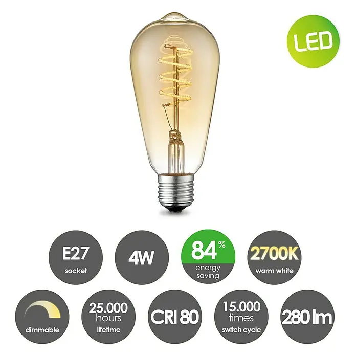 Home Sweet Home LED-Lampe Vintage Glühlampenform E27 - E27, Dimmbar, Warmweiß, 140 lm, 4 W, Farbe: Gold - LED-Glühbirne im Retro-Stil, 4W, E27 Sockel, warmweißes Licht (2700K), dimmbar, lange Lebensdauer (25.000 Stunden), 84% Energieersparnis.