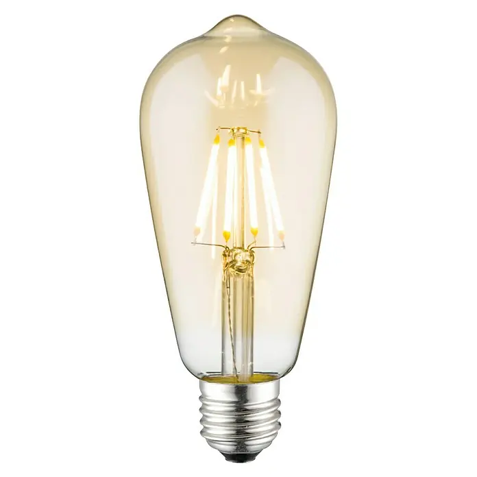 Home Sweet Home LED-Lampe Vintage Glühlampenform E27 - E27, Dimmbar, Warmweiß, 330 lm, 4 W - Eine Nahaufnahme einer dekorativen Edison-Glühbirne mit sichtbaren LED-Filamenten in einem bernsteinfarbenen Glasgehäuse.