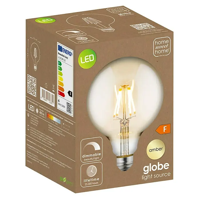 Home Sweet Home LED-Lampe Vintage Globe-Form E27 - E27, Dimmbar, Warmweiß, 330 lm, 4 W, Farbe: Gold - Produktansicht: Globe LED Lampe mit warmem Amberlicht, dimmbar und langer Lebensdauer, ideal für eine gemütliche Atmosphäre im Zuhause.