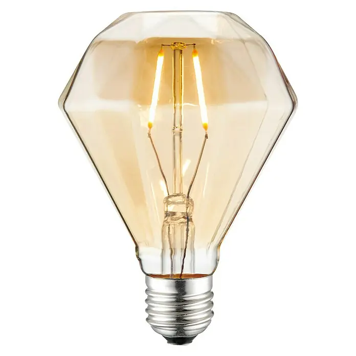 Home Sweet Home LED-Lampe Edison - E27, Nicht Dimmbar, Warmweiß, 160 lm, 2 W, Diamant - Nahaufnahme einer dekorativen Edison-Glühbirne mit Diamantform, die ein warmes, bernsteinfarbenes Licht ausstrahlt.