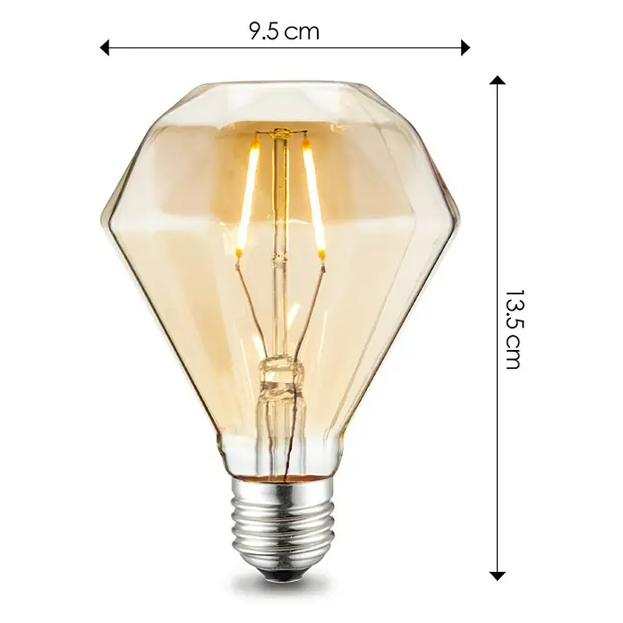 Home Sweet Home LED-Lampe Edison - E27, Nicht Dimmbar, Warmweiß, 160 lm, 2 W, Diamant - Abbildung einer dekorativen Edison-Glühbirne im Diamantstil mit sichtbaren Filamenten und den Maßen 9,5 cm Breite und 13,5 cm Höhe.