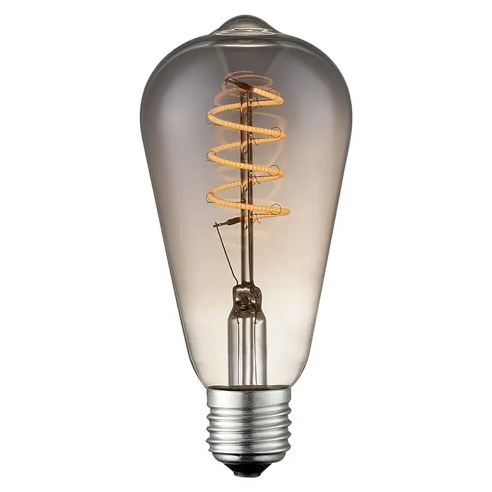 Home Sweet Home LED-Lampe Vintage Glühlampenform E27 - E27, Dimmbar, Warmweiß, 20 lm, 4 W, Farbe: Smoky - Nahaufnahme einer Vintage-Glühbirne mit sichtbarem Glühfaden und silbernem Sockel vor schwarzem Hintergrund. Ideal für nostalgische Beleuchtung.