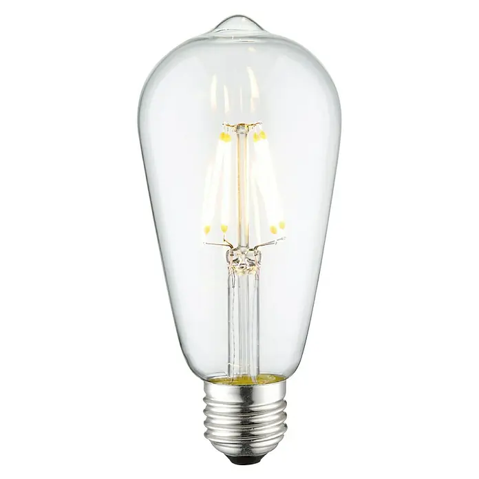 Home Sweet Home LED-Lampe Vintage Glühlampenform E27 - E27, Dimmbar, Neutralweiß, 350 lm, 4 W - Nahaufnahme einer klaren LED-Glühbirne im Edison-Stil, die ihr filigranes Glühfaden-Design zeigt und einen warmen, einladenden Schein verspricht.