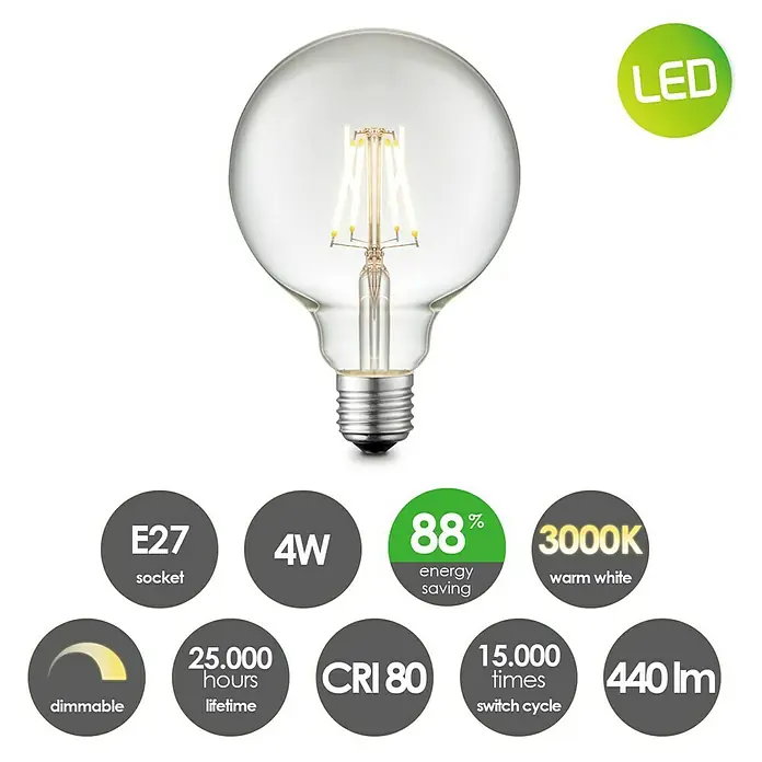 Home Sweet Home LED-Lampe Vintage Globe-Form E27 - E27, Dimmbar, Neutralweiß, 350 lm, 4 W, Farbe: Klar - Abbildung einer LED-Glühbirne mit E27-Sockel, 4W, 3000K warmweiß, dimmbar, 25.000 Stunden Lebensdauer, 88% Energieeinsparung, 440 lm.