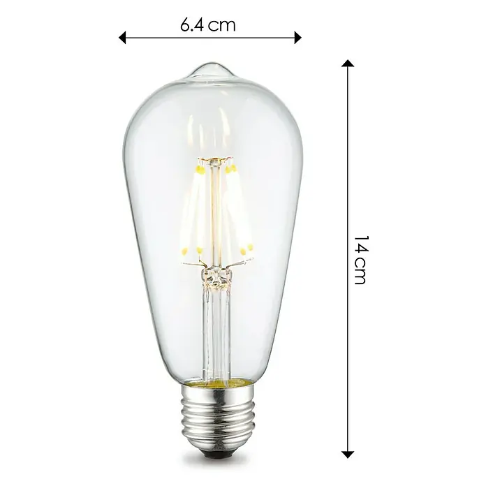 Home Sweet Home LED-Lampe Vintage Glühlampenform E27 - E27, Dimmbar, Neutralweiß, 350 lm, 4 W - Detailaufnahme einer länglichen Edison-Glühbirne mit sichtbaren Glühfäden und Größenangaben.