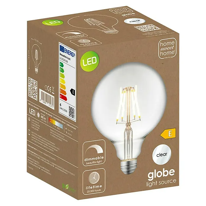Home Sweet Home LED-Lampe Vintage Globe-Form E27 - E27, Dimmbar, Neutralweiß, 350 lm, 4 W, Farbe: Klar - Abbildung einer Verpackung für eine dimmbare LED-Glühbirne der Marke Globe mit einer Lebensdauer von 25.000 Stunden.