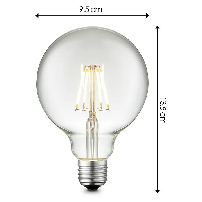 Home Sweet Home LED-Lampe Vintage Globe-Form E27 - E27, Dimmbar, Neutralweiß, 350 lm, 4 W, Farbe: Klar - Klare LED-Glühbirne mit Maßen.