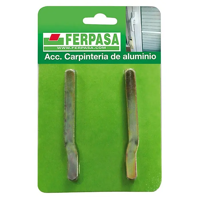 Pasador cuadrado descentrado - L x An x Al: 69 x 8 x 8 mm - Accesorios de aluminio FERPASA: Dos clavijas metálicas en envase verde para la fabricación de ventanas y puertas de aluminio.