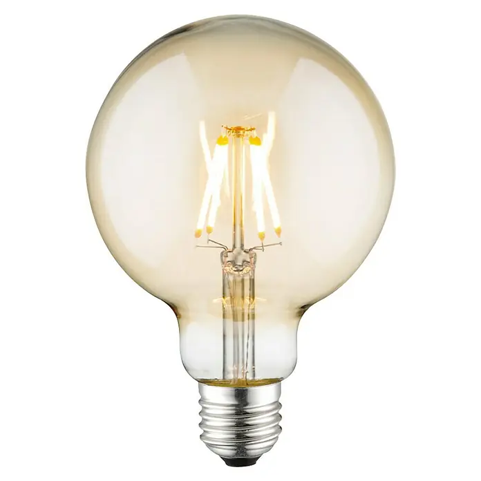 Home Sweet Home LED-Lampe Vintage Globe-Form E27 - E27, Dimmbar, Warmweiß, 330 lm, 4 W, Farbe: Gold - Nahaufnahme einer Vintage-Glühbirne mit warmem Licht und dekorativen Glühfäden, ideal für stimmungsvolle Beleuchtung.