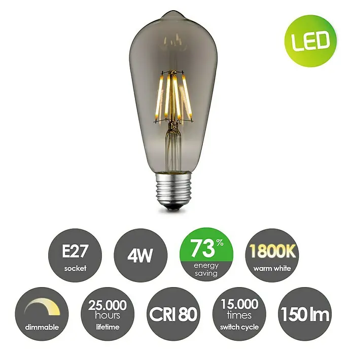 Home Sweet Home LED-Lampe Vintage Glühlampenform E27 - E27, Dimmbar, Warmweiß, 40 lm, 4 W - Nahaufnahme einer LED-Glühbirne mit E27-Sockel, 4W Leistung und 1800K Farbtemperatur für warmweißes Licht.