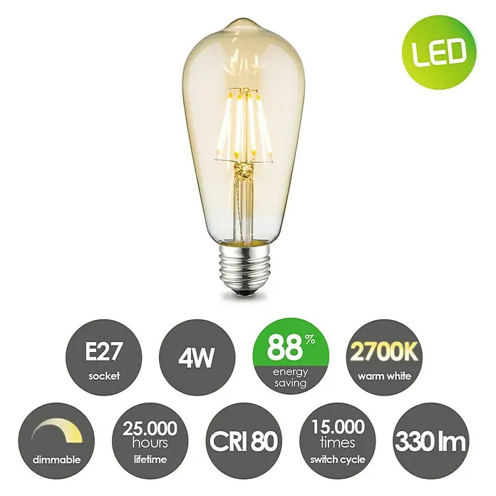Home Sweet Home LED-Lampe Vintage Glühlampenform E27 - E27, Dimmbar, Warmweiß, 330 lm, 4 W - LED-Glühbirne im Vintage-Stil mit E27-Sockel, 4W Leistung, 2700K warmweißem Licht und 88% Energieeinsparung.