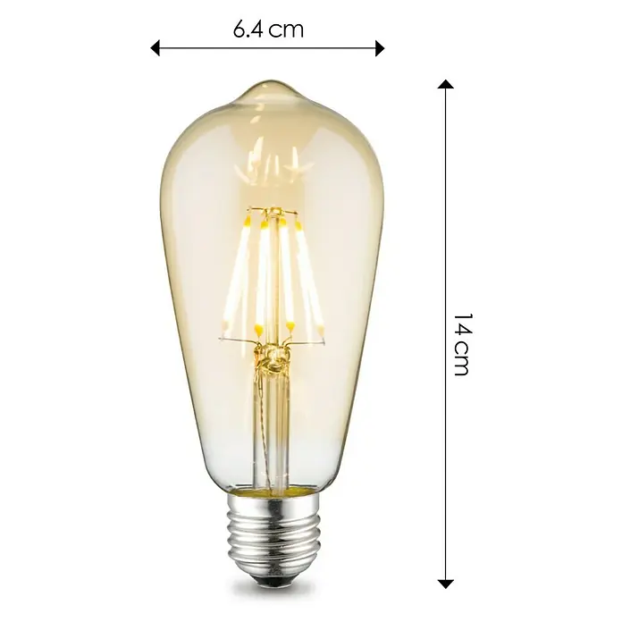 Home Sweet Home LED-Lampe Vintage Glühlampenform E27 - E27, Dimmbar, Warmweiß, 330 lm, 4 W - Nahaufnahme einer Edison-Glühbirne mit sichtbaren Glühfäden, die 6,4 cm breit und 14 cm hoch ist.