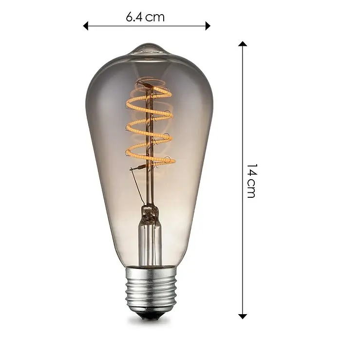 Home Sweet Home LED-Lampe Vintage Glühlampenform E27 - E27, Dimmbar, Warmweiß, 20 lm, 4 W, Farbe: Smoky - Diese Abbildung zeigt eine Edison-Glühbirne mit warmem Licht und Abmessungen von 14 cm Höhe und 6,4 cm Breite.