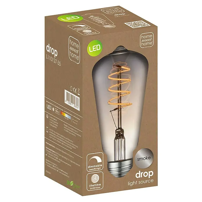 Home Sweet Home LED-Lampe Vintage Glühlampenform E27 - E27, Dimmbar, Warmweiß, 20 lm, 4 W, Farbe: Smoky - Nahaufnahme der Verpackung einer "Drop"-Glühbirne mit LED-Technologie, die ein warmes, dimmbares Licht und eine lange Lebensdauer verspricht.