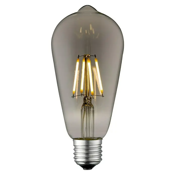 Home Sweet Home LED-Lampe Vintage Glühlampenform E27 - E27, Dimmbar, Warmweiß, 40 lm, 4 W - Nahaufnahme einer Vintage-LED-Glühbirne mit Edison-Stil, die warmes Licht ausstrahlt. Silberner Sockel und klares Gehäuse betonen das Filamentdesign.