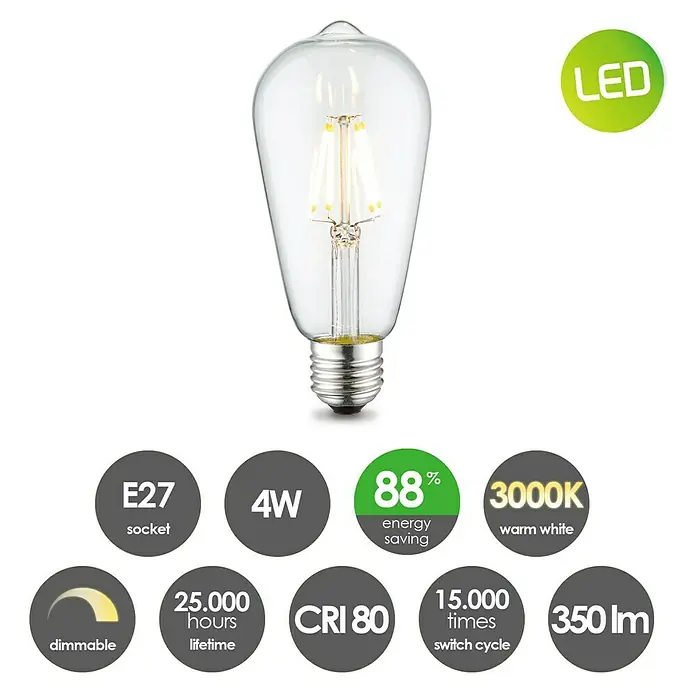 Home Sweet Home LED-Lampe Vintage Glühlampenform E27 - E27, Dimmbar, Neutralweiß, 350 lm, 4 W - LED-Glühbirne mit E27-Sockel, 4W Leistung, 3000K warmweißes Licht, dimmbar, 25.000 Stunden Lebensdauer und 350 Lumen Helligkeit.