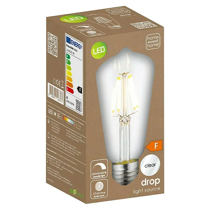 Home Sweet Home LED-Lampe Vintage Glühlampenform E27 - E27, Dimmbar, Neutralweiß, 350 lm, 4 W - Nahaufnahme einer Verpackung einer klaren LED-Lampe "Drop Light Source" der Marke Home Sweet Home mit Energieeffizienzklasse F.
