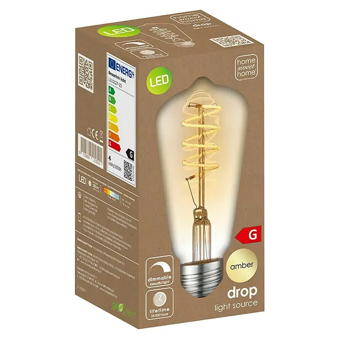 Home Sweet Home LED-Lampe Vintage Glühlampenform E27 - E27, Dimmbar, Warmweiß, 140 lm, 4 W, Farbe: Gold - Kartonverpackung einer Home Sweet Home Drop LED-Glühbirne mit sichtbarer G-Energieeffizienzklasse und Dimmfunktion.