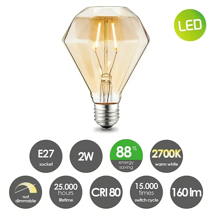Home Sweet Home LED-Lampe Edison - E27, Nicht Dimmbar, Warmweiß, 160 lm, 2 W, Diamant - Nahaufnahme einer LED-Lampe im Diamantstil mit warmweißem Licht, ideal für stimmungsvolle Beleuchtung.
