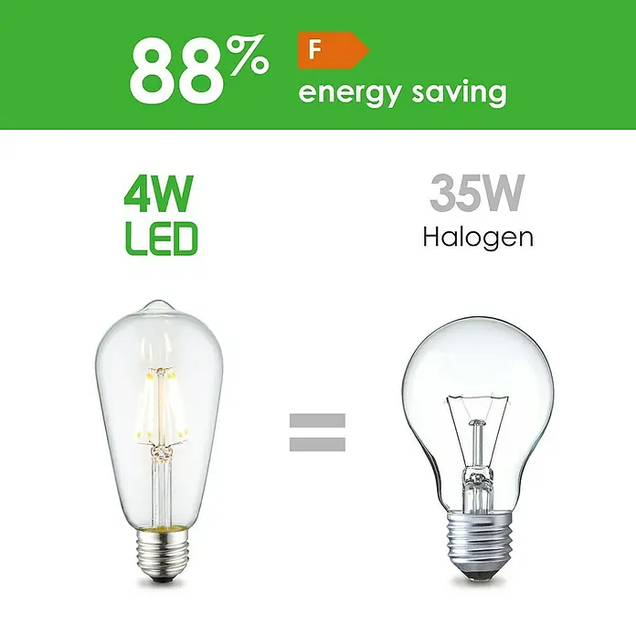 Home Sweet Home LED-Lampe Vintage Glühlampenform E27 - E27, Dimmbar, Neutralweiß, 350 lm, 4 W - LED-Lampe mit 4W im Vergleich zu einer 35W Halogenlampe. Energieeinsparung von 88 % mit Energieeffizienzklasse F.