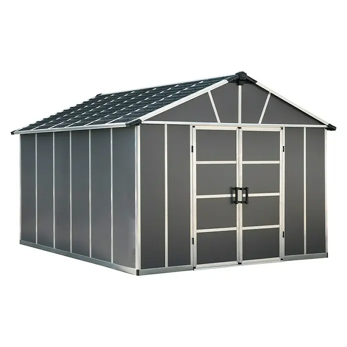 Palram – Canopia Gerätehaus - Außenmaß inkl. Dachüberstand (B x T): 332 x 393 cm, Kunststoff, Grau, Mit Boden - Ein geräumiger, grauer Geräteschuppen mit Doppeltür und Giebeldach für den Garten. Bietet viel Stauraum für Gartengeräte und Werkzeuge.