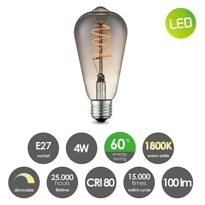 Home Sweet Home LED-Lampe Vintage Glühlampenform E27 - E27, Dimmbar, Warmweiß, 20 lm, 4 W, Farbe: Smoky - Nahaufnahme einer Edison-Glühbirne mit LED-Technologie, die 60 % Energie spart und ein warmweißes Licht mit 1800K erzeugt.