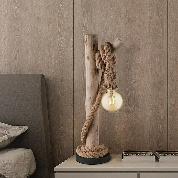 Home Sweet Home LED-Lampe Vintage Globe-Form E27 - E27, Dimmbar, Warmweiß, 330 lm, 4 W, Farbe: Gold - Rustikale Nachttischlampe mit Seil umwickeltem Holzfuß und Glühbirne. Einzigartige Dekoration für Schlafzimmer oder Wohnbereich.