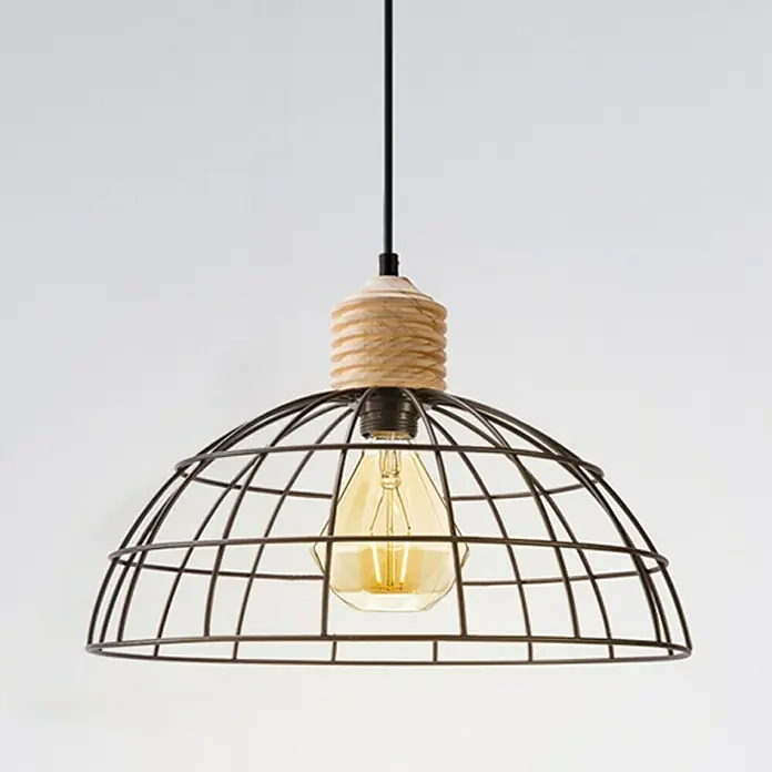 Home Sweet Home LED-Lampe Edison - E27, Nicht Dimmbar, Warmweiß, 160 lm, 2 W, Diamant - Pendelleuchte mit Edison-Glühbirne in einem Käfig aus schwarzem Metalldraht und einem Holzdetail mit Seil.