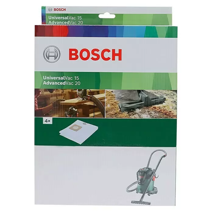 Bosch Vliesfiltertüten - 4 Stk., Passend für: Bosch Nass-Trockensauger UniversalVac 15/AdvancedVac 20 - Verpackung für Bosch Staubsaugerbeutel, 4 Stück, passend für UniversalVac 15 und AdvancedVac 20 Modelle.