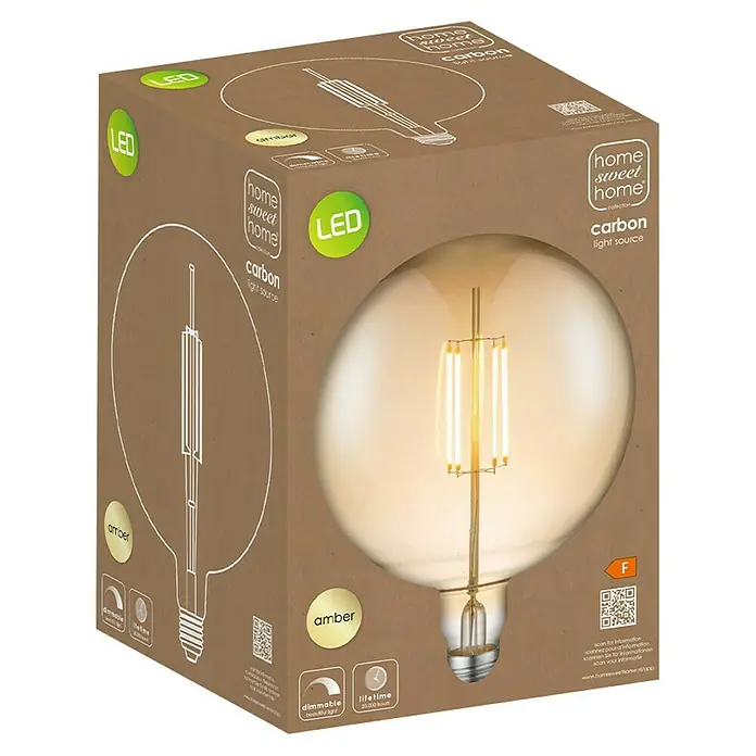 Home Sweet Home LED-Lampe Globe-Form E27 - E27, Dimmbar, Warmweiß, 400 lm, 4 W, Durchmesser: 18 cm - Nahaufnahme einer Home Sweet Home Carbon LED-Glühbirne in einer braunen Verpackung mit Produktinformationen und dekorativem Design.
