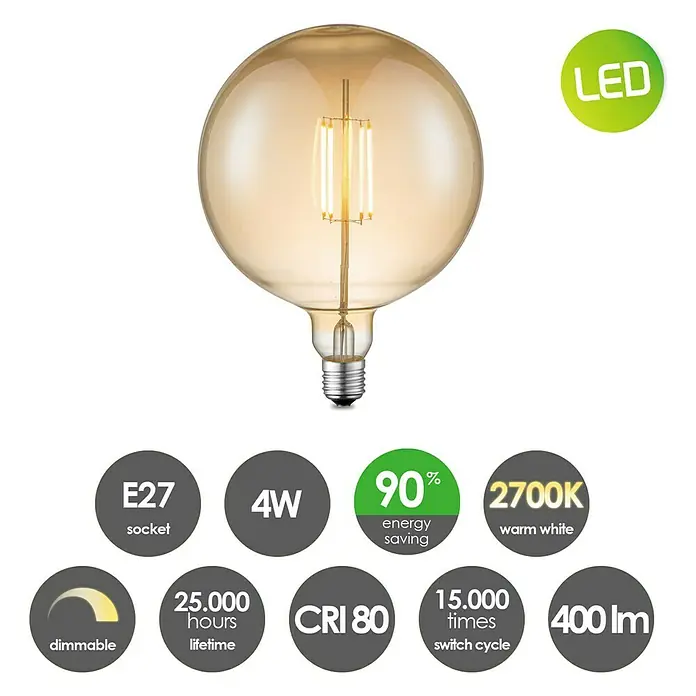 Home Sweet Home LED-Lampe Globe-Form E27 - E27, Dimmbar, Warmweiß, 400 lm, 4 W, Durchmesser: 18 cm - Abbildung einer LED-Lampe mit E27-Sockel, 4W Leistung, 2700K warmweißem Licht, 90% Energieeinsparung und 25.000 Stunden Lebensdauer.