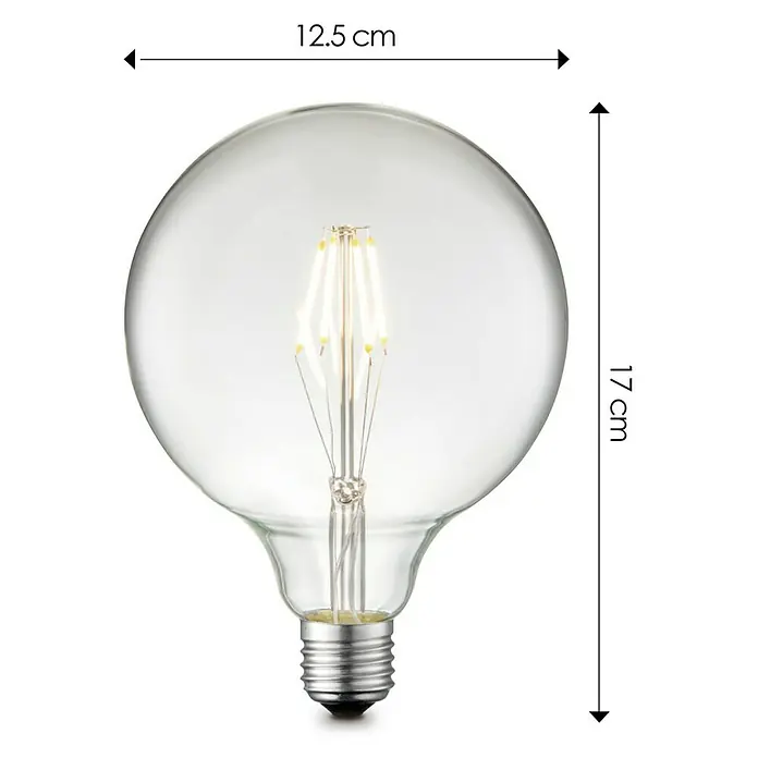 Home Sweet Home LED-Lampe Vintage Globe-Form E27 - E27, Dimmbar, Neutralweiß, 400 lm, 4 W, Globe - Abbildung einer Globus-Glühbirne mit klarem Glas und den Maßen 12,5 cm in der Breite und 17 cm in der Höhe.