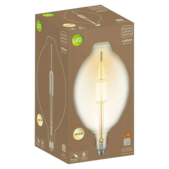 Home Sweet Home LED-Lampe Edison - E27, Dimmbar, Warmweiß, 400 lm, 4 W, Sonstige - Nahaufnahme der Verpackung einer Home Sweet Home Carbon LED-Glühbirne, die ihr Design und ihre Eigenschaften hervorhebt.